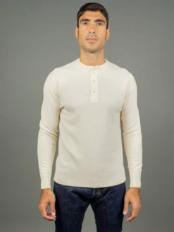 Loop & Weft Fine Aran Honeycomb Henley Neck Thermal Vintage Ivory