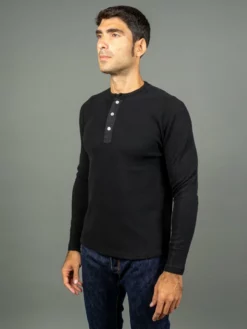 Loop & Weft Fine Aran Honeycomb Henley Neck Thermal Royal Black