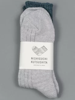 Nishiguchi Kutsushita Wool Cotton Slab Socks Jungle Green