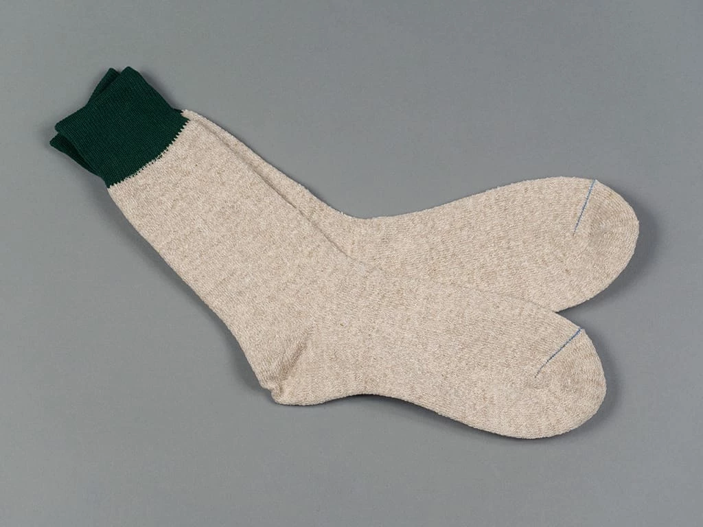 ROTOTO Double Face Crew Socks "Silk & Cotton" Green/Medium Beige 5 ROTOTO Double Face Crew Socks "Silk & Cotton" Green/Medium Beige