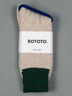 ROTOTO Double Face Crew Socks "Silk & Cotton" Green/Medium Beige
