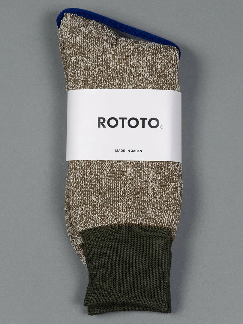ROTOTO Double Face Crew Socks "Silk & Cotton" Olive/Dark Khaki 3 ROTOTO Double Face Crew Socks "Silk & Cotton" Olive/Dark Khaki