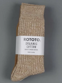 ROTOTO Organic Cotton Daily 3 Pack Ribbed Crew Socks Ecru/Brown